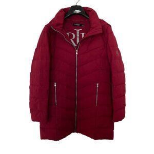 Lauren Ralph Lauren Red Puffer Quilted Jacket Coat Sz M Poly Down Filled Hood